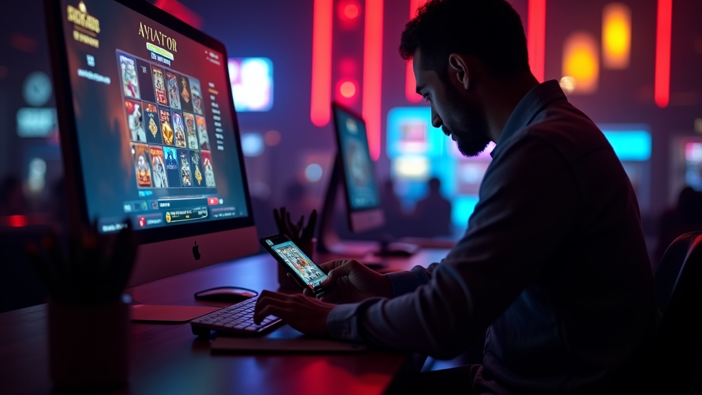 Jugador usando Aviator en móvil, tablet y escritorio en un entorno de casino oscuro